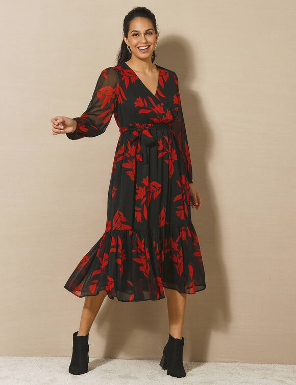 Robe longue volant, voile imprimé (noir / rouge) Robe longue volant, voile imprimé (noir / rouge)